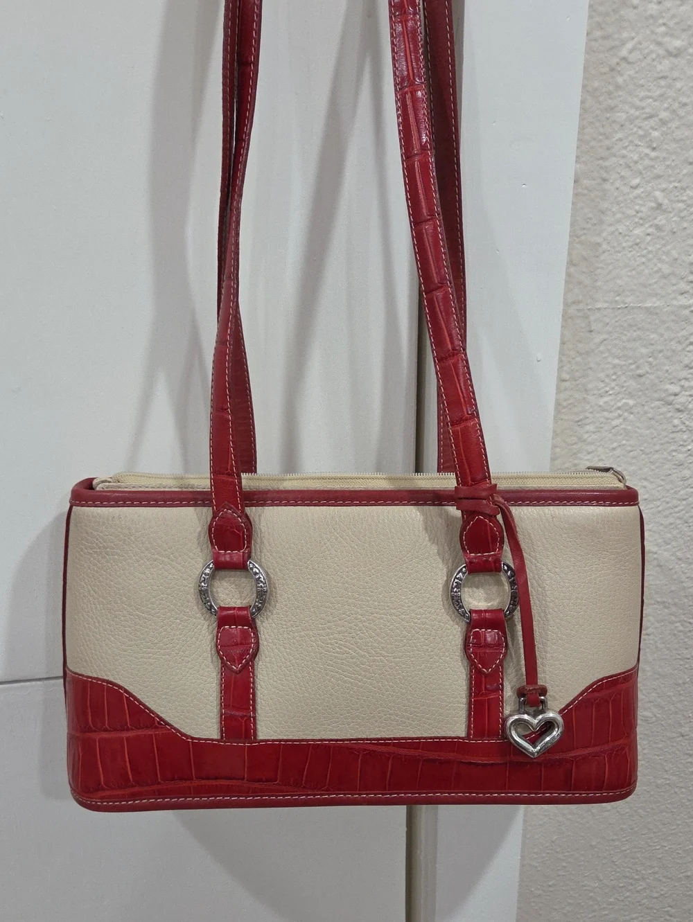 Brighton Rare Vintage Ming Dynasty Cream and Red Satchel with Heart Charm